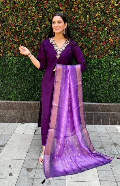 Designers Kurta Pent Set, Premium Roman Silk & Kurta Full Inner Cotton with Hand Work Neckline, Dupatta Heavy Chanderi jacquard With Digital Print With Latkan