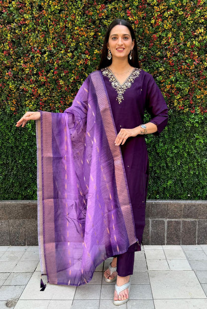 Designers Kurta Pent Set, Premium Roman Silk & Kurta Full Inner Cotton with Hand Work Neckline, Dupatta Heavy Chanderi jacquard With Digital Print With Latkan