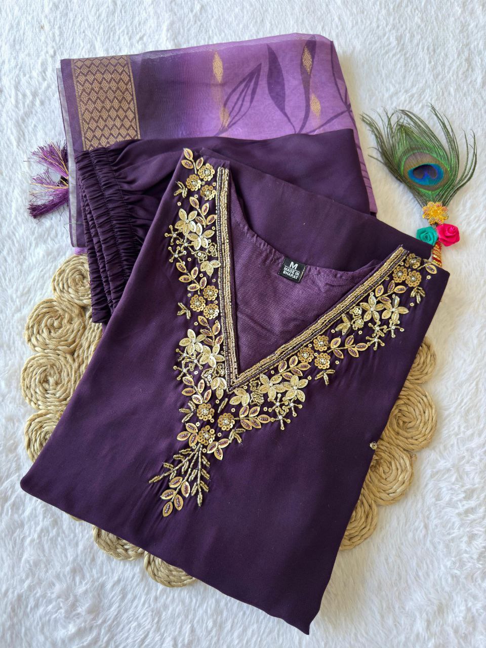 Designers Kurta Pent Set, Premium Roman Silk & Kurta Full Inner Cotton with Hand Work Neckline, Dupatta Heavy Chanderi jacquard With Digital Print With Latkan