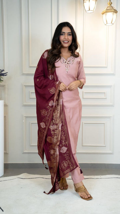 Designers Kurta Pent Set, Premium Roman Silk & Kurta Full Inner Cotton with Hand Work Neckline, Dupatta Heavy Quality Nylon Muslin jacquard With Latkan
