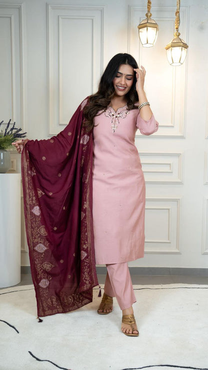 Designers Kurta Pent Set, Premium Roman Silk & Kurta Full Inner Cotton with Hand Work Neckline, Dupatta Heavy Quality Nylon Muslin jacquard With Latkan