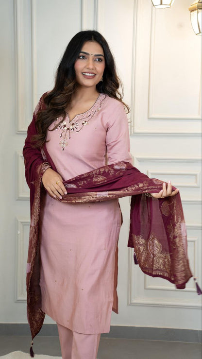 Designers Kurta Pent Set, Premium Roman Silk & Kurta Full Inner Cotton with Hand Work Neckline, Dupatta Heavy Quality Nylon Muslin jacquard With Latkan