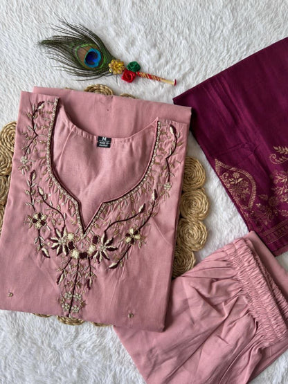Designers Kurta Pent Set, Premium Roman Silk & Kurta Full Inner Cotton with Hand Work Neckline, Dupatta Heavy Quality Nylon Muslin jacquard With Latkan