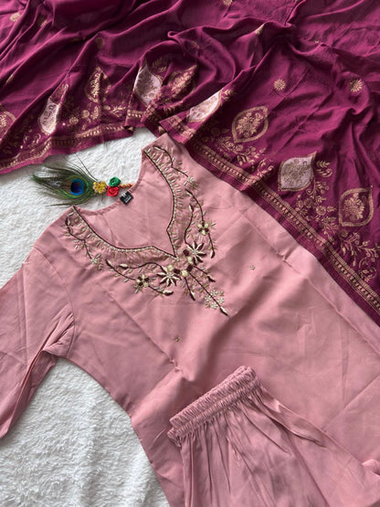 Designers Kurta Pent Set, Premium Roman Silk & Kurta Full Inner Cotton with Hand Work Neckline, Dupatta Heavy Quality Nylon Muslin jacquard With Latkan