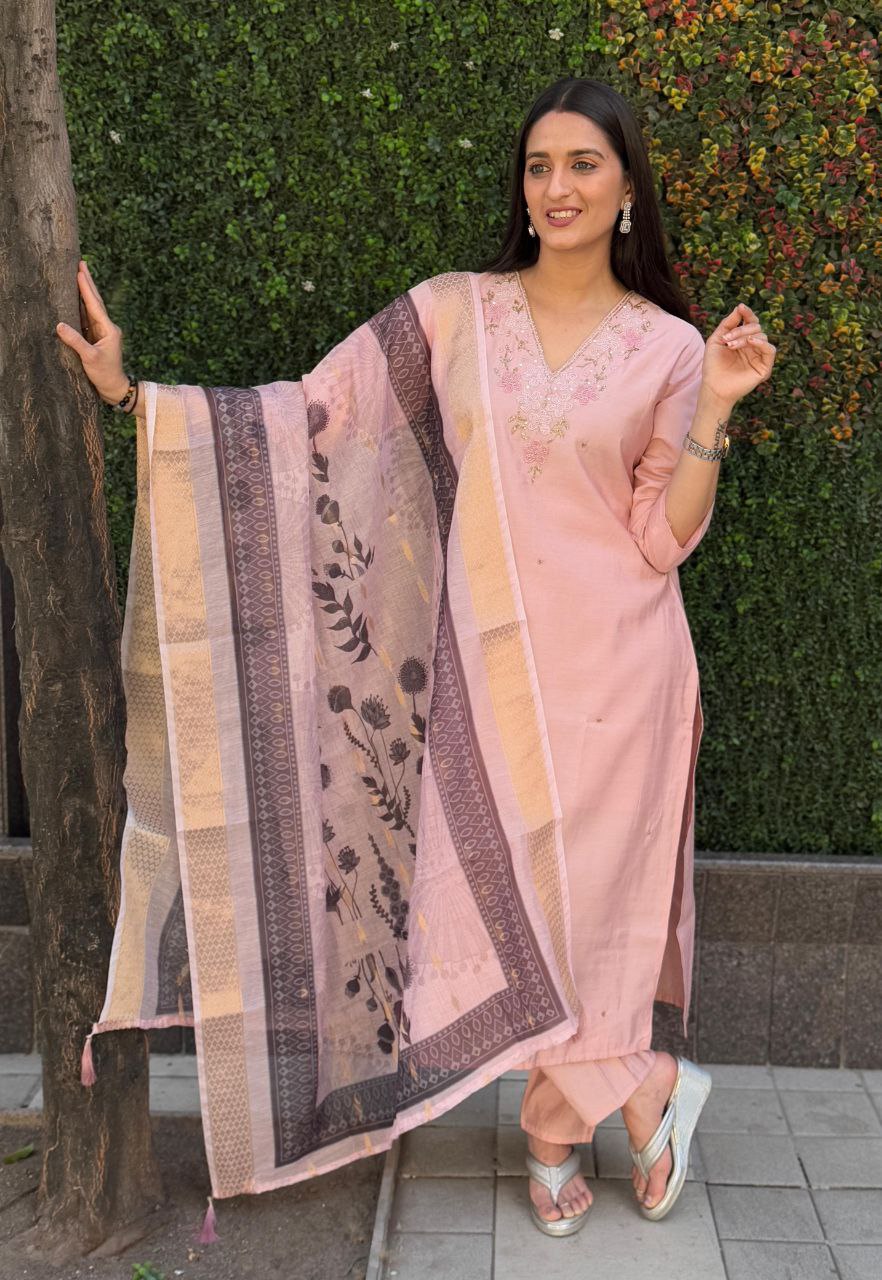 Designers Kurta Pent Set, Premium Roman Silk & Kurta Full Inner Cotton with Hand Work Neckline, Dupatta Heavy Chanderi jacquard With Digital Print With Latkan