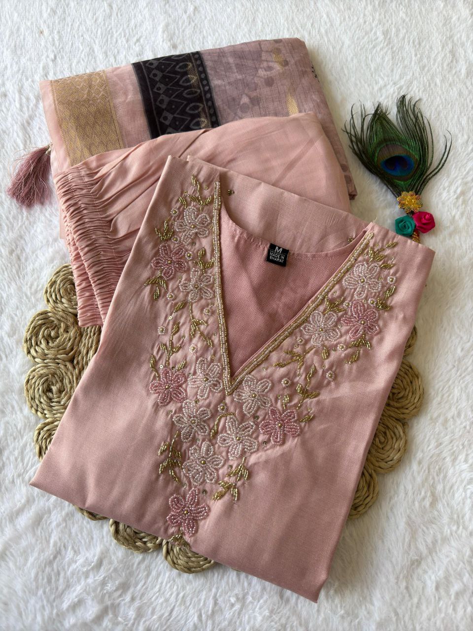 Designers Kurta Pent Set, Premium Roman Silk & Kurta Full Inner Cotton with Hand Work Neckline, Dupatta Heavy Chanderi jacquard With Digital Print With Latkan