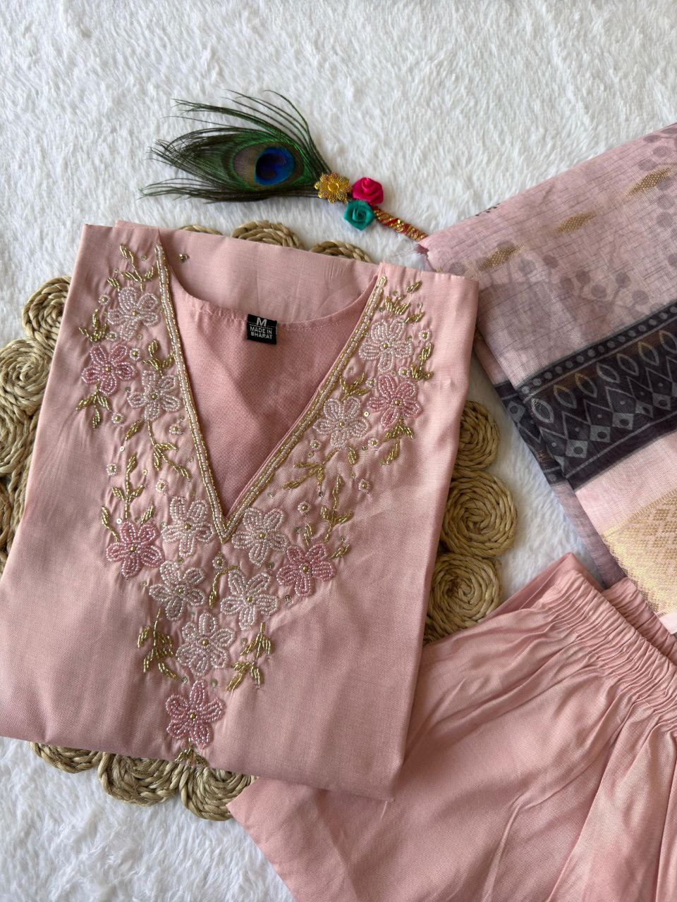 Designers Kurta Pent Set, Premium Roman Silk & Kurta Full Inner Cotton with Hand Work Neckline, Dupatta Heavy Chanderi jacquard With Digital Print With Latkan