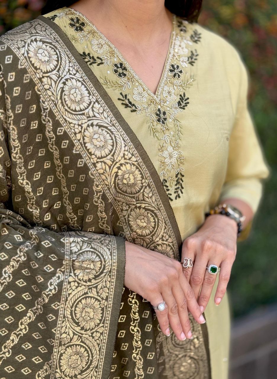 Designers Kurti Pent Dupatta Set,Premium Roman Silk, Cotton Inner (Full), Heavy Quality Nylon Muslin jacquard With Latkan and Hand Work