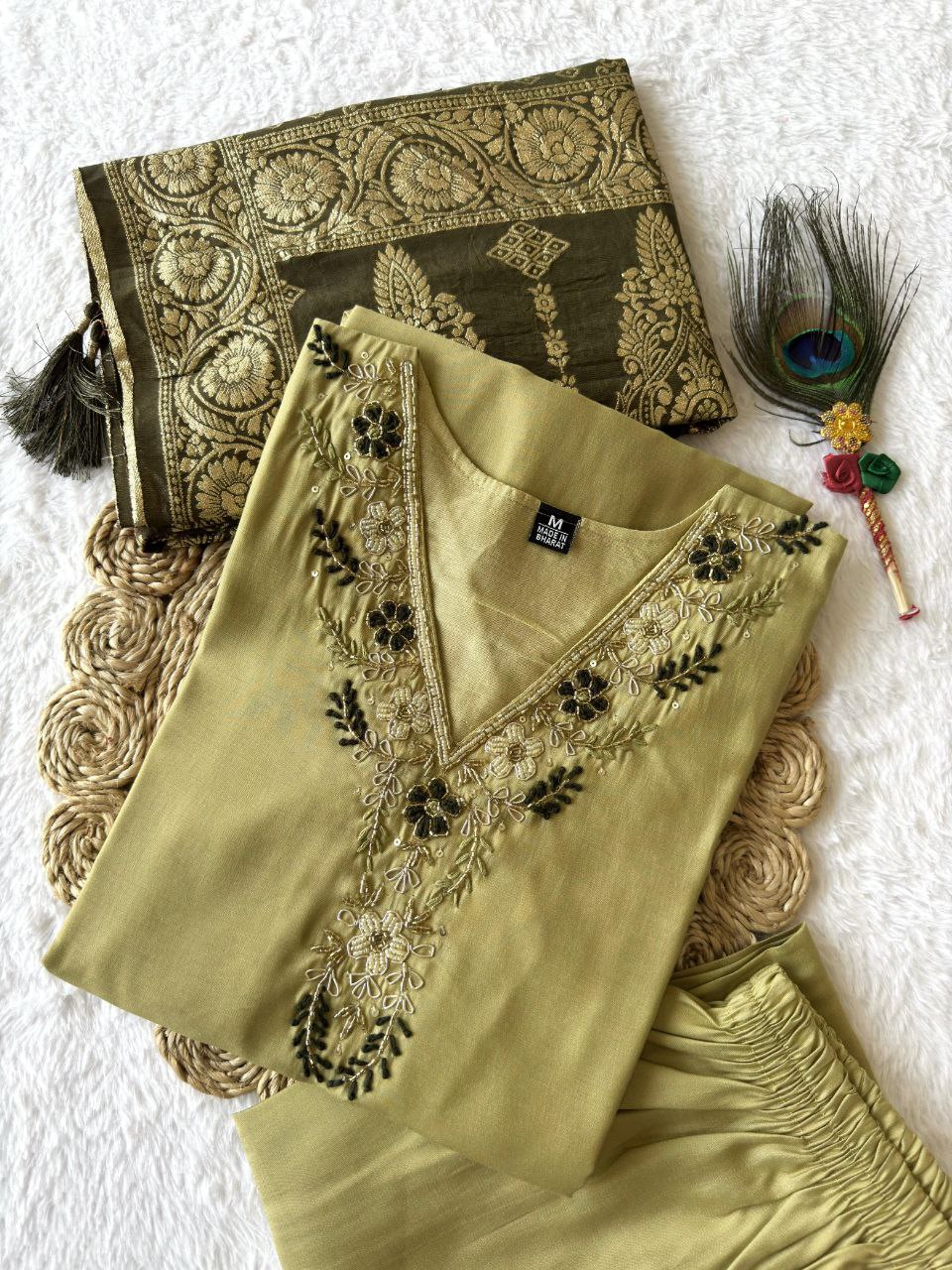 Designers Kurti Pent Dupatta Set,Premium Roman Silk, Cotton Inner (Full), Heavy Quality Nylon Muslin jacquard With Latkan and Hand Work