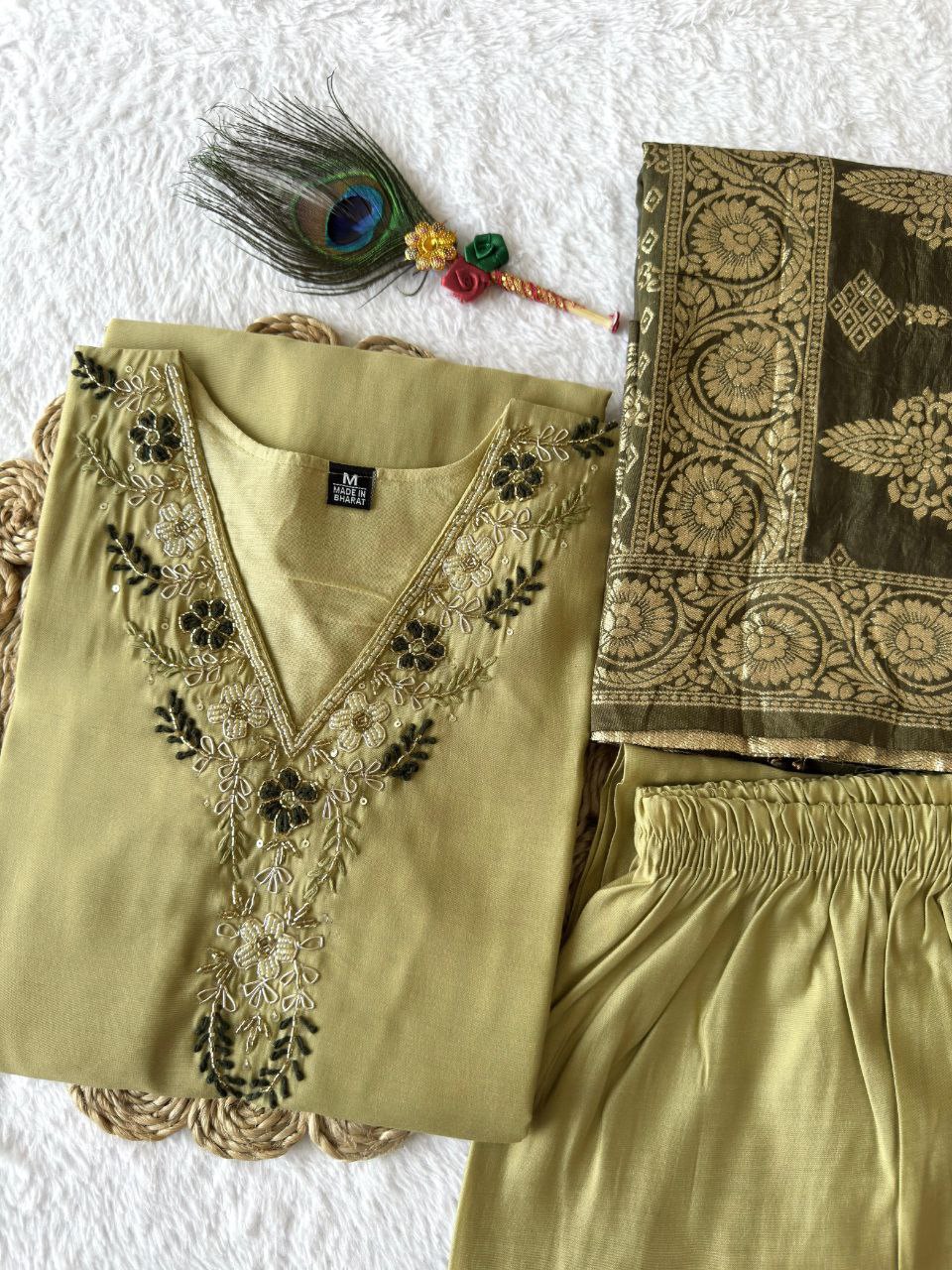 Designers Kurti Pent Dupatta Set,Premium Roman Silk, Cotton Inner (Full), Heavy Quality Nylon Muslin jacquard With Latkan and Hand Work