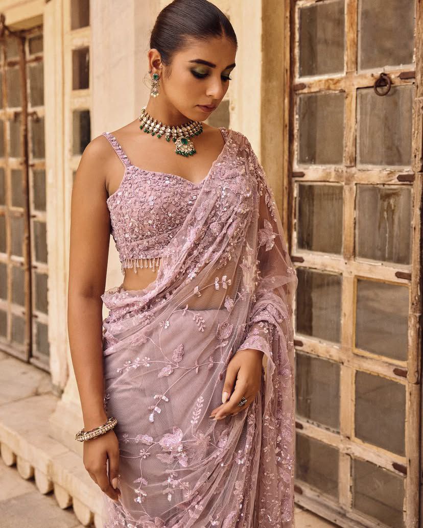 Heavy Mono Net Saree with Multicolor Sequin Embroidery & Glass Fringe Tassel Pallu