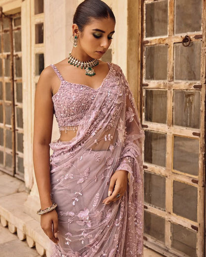Heavy Mono Net Saree with Multicolor Sequin Embroidery & Glass Fringe Tassel Pallu