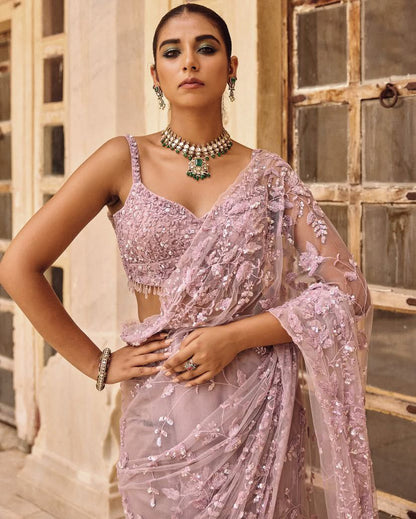 Heavy Mono Net Saree with Multicolor Sequin Embroidery & Glass Fringe Tassel Pallu