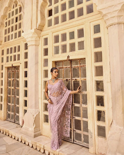 Heavy Mono Net Saree with Multicolor Sequin Embroidery & Glass Fringe Tassel Pallu