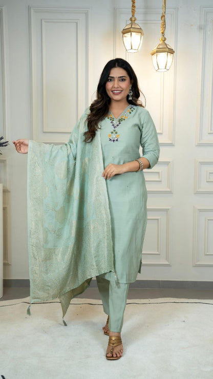 Designers Kurta Pent Set, Premium Roman Silk & Kurta Full Inner Cotton with Hand Work Neckline, Dupatta Heavy Quality Nylon Muslin jacquard With Latkan