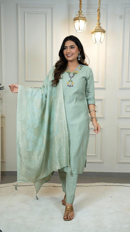 Designers Kurta Pent Set, Premium Roman Silk & Kurta Full Inner Cotton with Hand Work Neckline, Dupatta Heavy Quality Nylon Muslin jacquard With Latkan