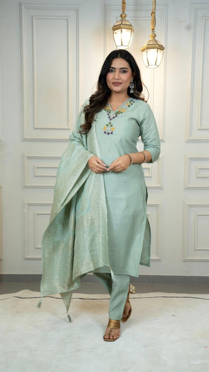 Designers Kurta Pent Set, Premium Roman Silk & Kurta Full Inner Cotton with Hand Work Neckline, Dupatta Heavy Quality Nylon Muslin jacquard With Latkan
