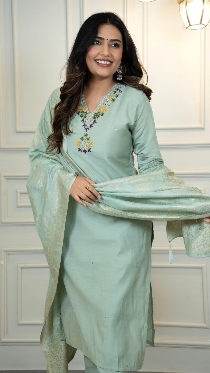 Designers Kurta Pent Set, Premium Roman Silk & Kurta Full Inner Cotton with Hand Work Neckline, Dupatta Heavy Quality Nylon Muslin jacquard With Latkan