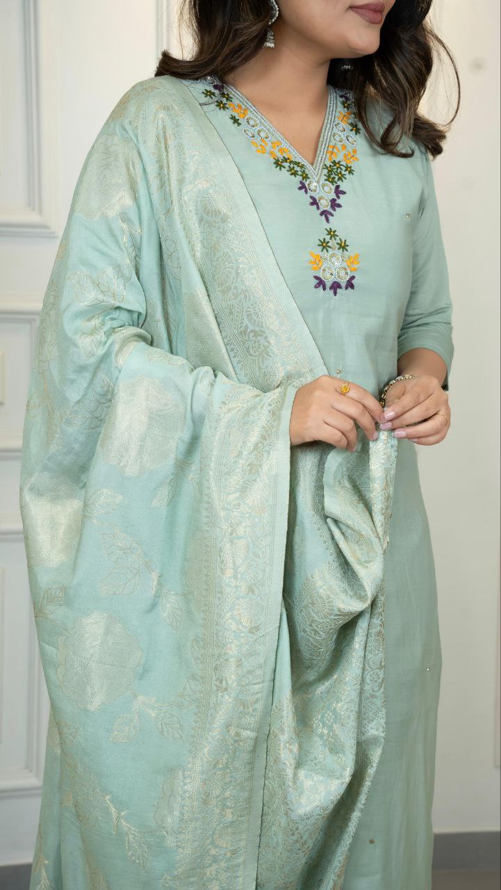 Designers Kurta Pent Set, Premium Roman Silk & Kurta Full Inner Cotton with Hand Work Neckline, Dupatta Heavy Quality Nylon Muslin jacquard With Latkan