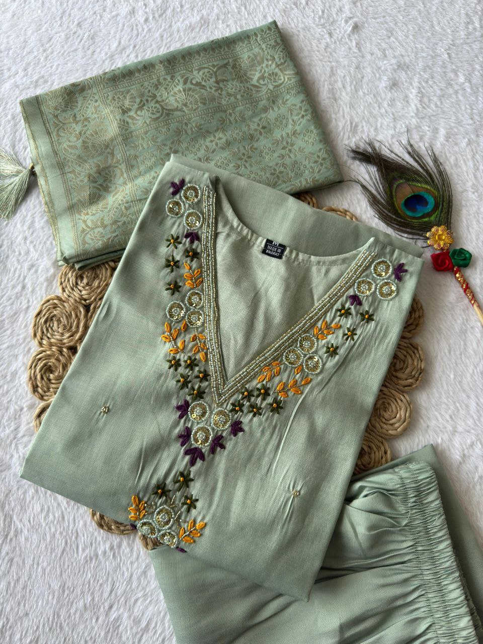 Designers Kurta Pent Set, Premium Roman Silk & Kurta Full Inner Cotton with Hand Work Neckline, Dupatta Heavy Quality Nylon Muslin jacquard With Latkan