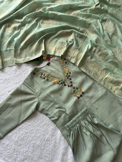 Designers Kurta Pent Set, Premium Roman Silk & Kurta Full Inner Cotton with Hand Work Neckline, Dupatta Heavy Quality Nylon Muslin jacquard With Latkan