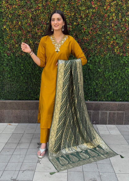 Designers Kurta Pent Set, Premium Roman Silk & Kurta Full Inner Cotton with Hand Work Neckline, Dupatta Heavy Quality Nylon Muslin jacquard With Latkan