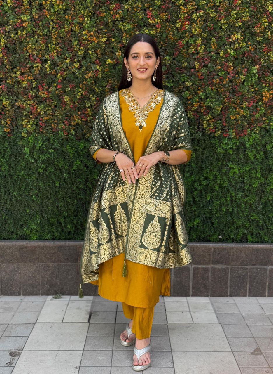 Designers Kurta Pent Set, Premium Roman Silk & Kurta Full Inner Cotton with Hand Work Neckline, Dupatta Heavy Quality Nylon Muslin jacquard With Latkan