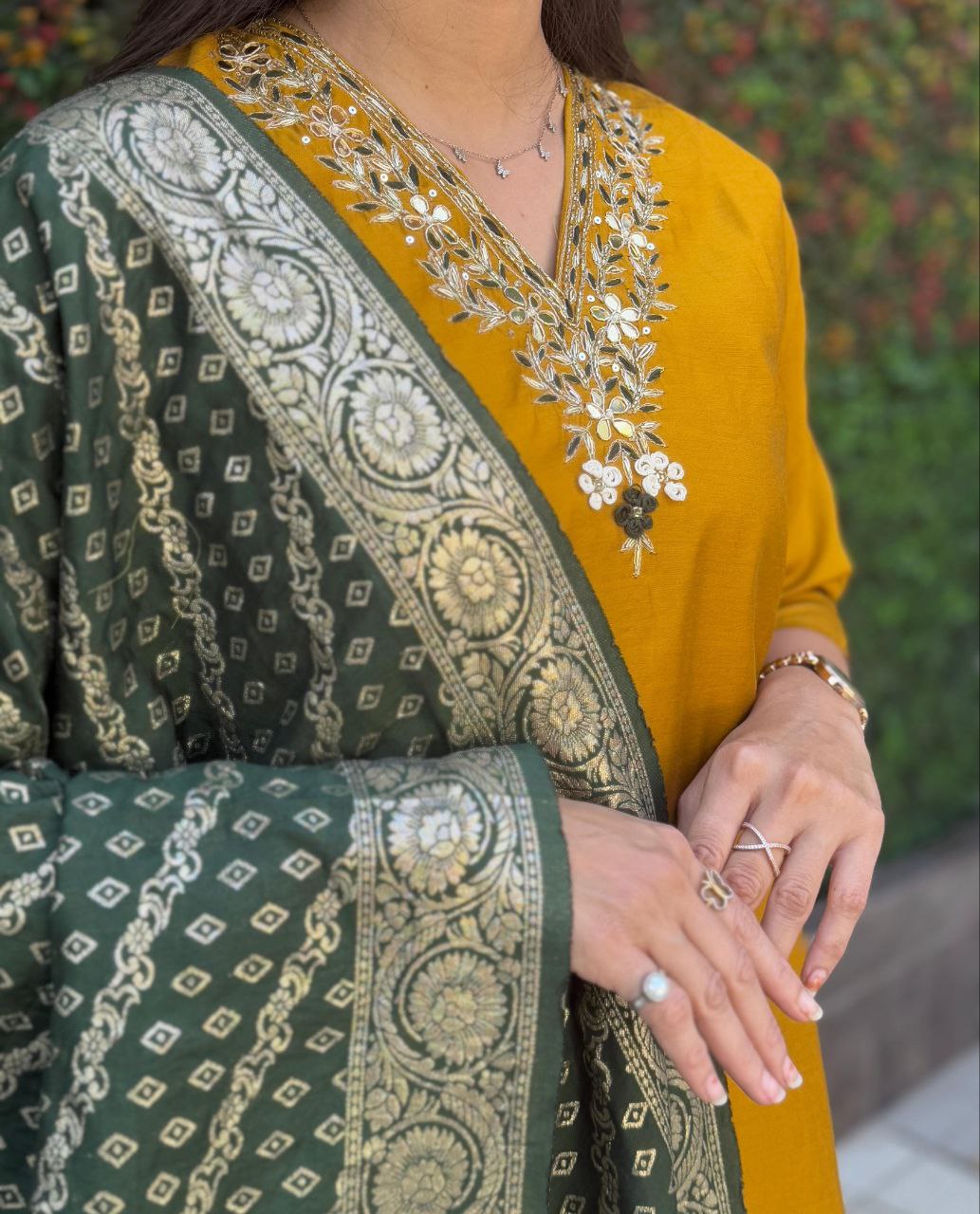 Designers Kurta Pent Set, Premium Roman Silk & Kurta Full Inner Cotton with Hand Work Neckline, Dupatta Heavy Quality Nylon Muslin jacquard With Latkan