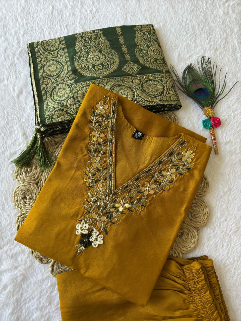 Designers Kurta Pent Set, Premium Roman Silk & Kurta Full Inner Cotton with Hand Work Neckline, Dupatta Heavy Quality Nylon Muslin jacquard With Latkan