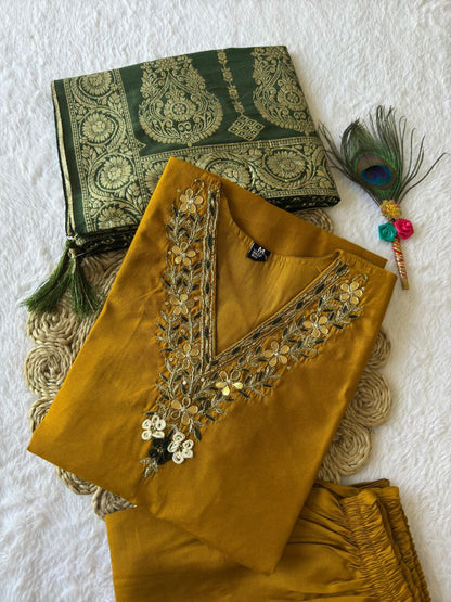 Designers Kurta Pent Set, Premium Roman Silk & Kurta Full Inner Cotton with Hand Work Neckline, Dupatta Heavy Quality Nylon Muslin jacquard With Latkan