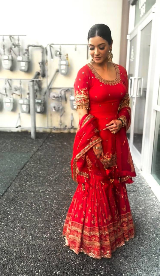 Designer Heavy Faux Georgette Sharara Palazzo Suit Set with Sequins Embroidery, Fully Stitched Top & Dupatta Party & Wedding Wear for Women