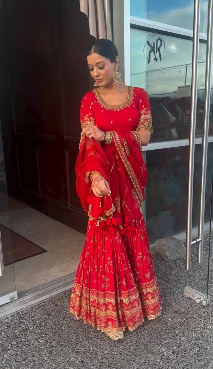 Designer Heavy Faux Georgette Sharara Palazzo Suit Set with Sequins Embroidery, Fully Stitched Top & Dupatta Party & Wedding Wear for Women