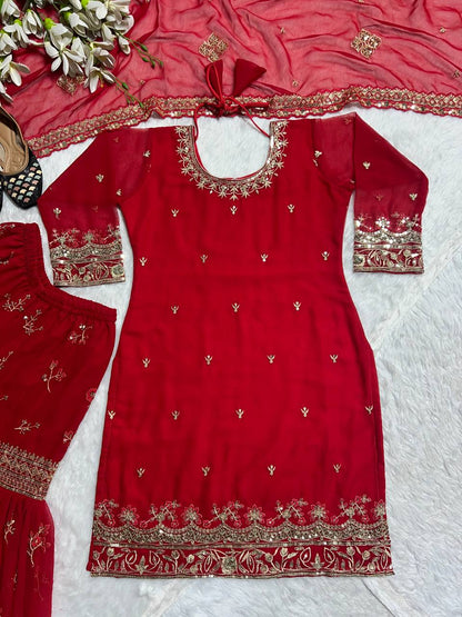 Designer Heavy Faux Georgette Sharara Palazzo Suit Set with Sequins Embroidery, Fully Stitched Top & Dupatta Party & Wedding Wear for Women