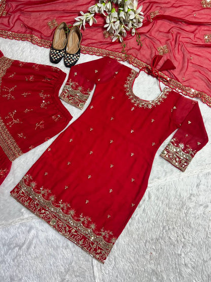 Designer Heavy Faux Georgette Sharara Palazzo Suit Set with Sequins Embroidery, Fully Stitched Top & Dupatta Party & Wedding Wear for Women