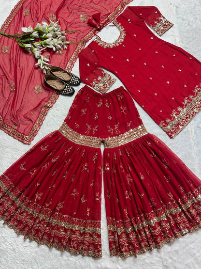 Designer Heavy Faux Georgette Sharara Palazzo Suit Set with Sequins Embroidery, Fully Stitched Top & Dupatta Party & Wedding Wear for Women