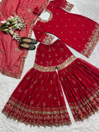 Designer Heavy Faux Georgette Sharara Palazzo Suit Set with Sequins Embroidery, Fully Stitched Top & Dupatta Party & Wedding Wear for Women