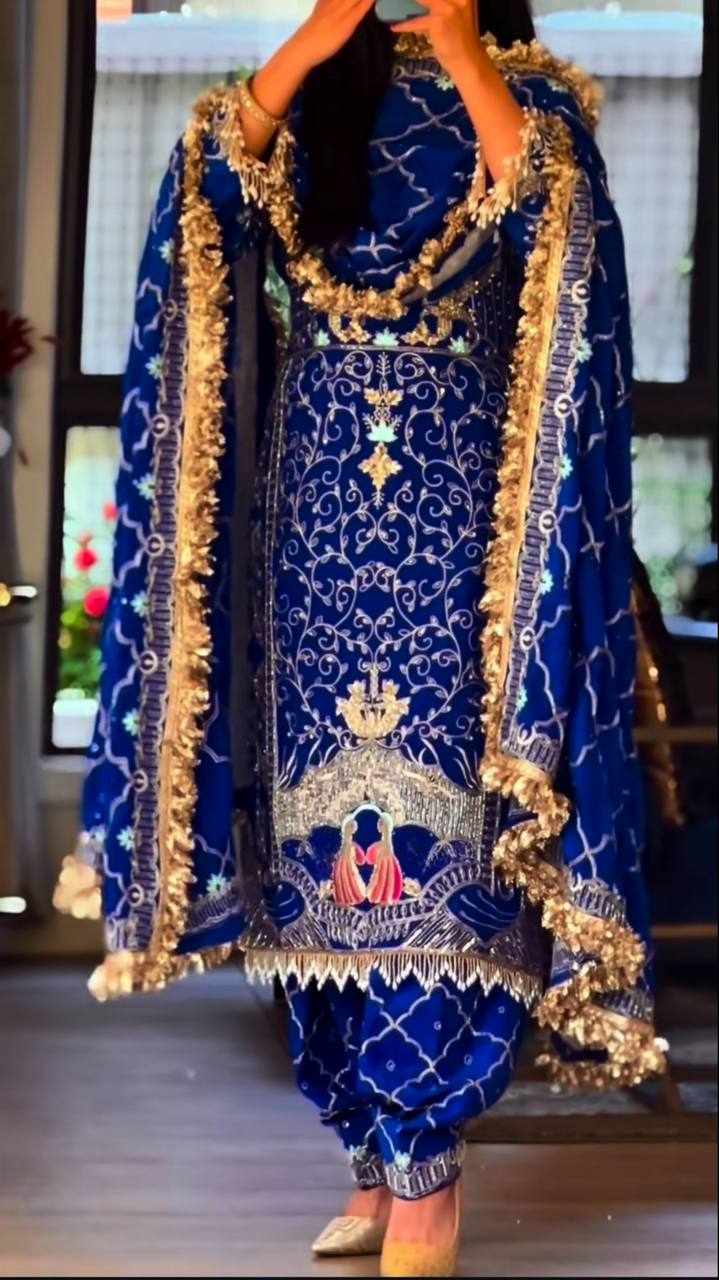 Women’s Natural Crepe Dhoti Salwar Set with Dupatta Sequence & Embroidery Work | Fully Stitched Top & Dhoti | Festive & Party Wear