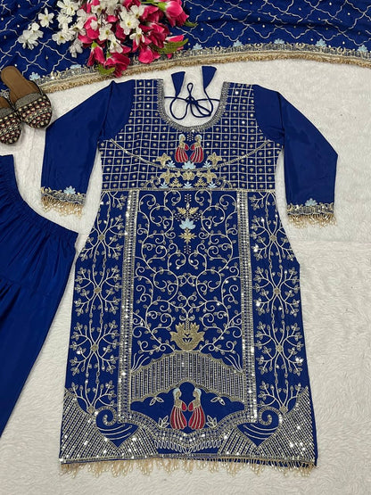 Women’s Natural Crepe Dhoti Salwar Set with Dupatta Sequence & Embroidery Work | Fully Stitched Top & Dhoti | Festive & Party Wear