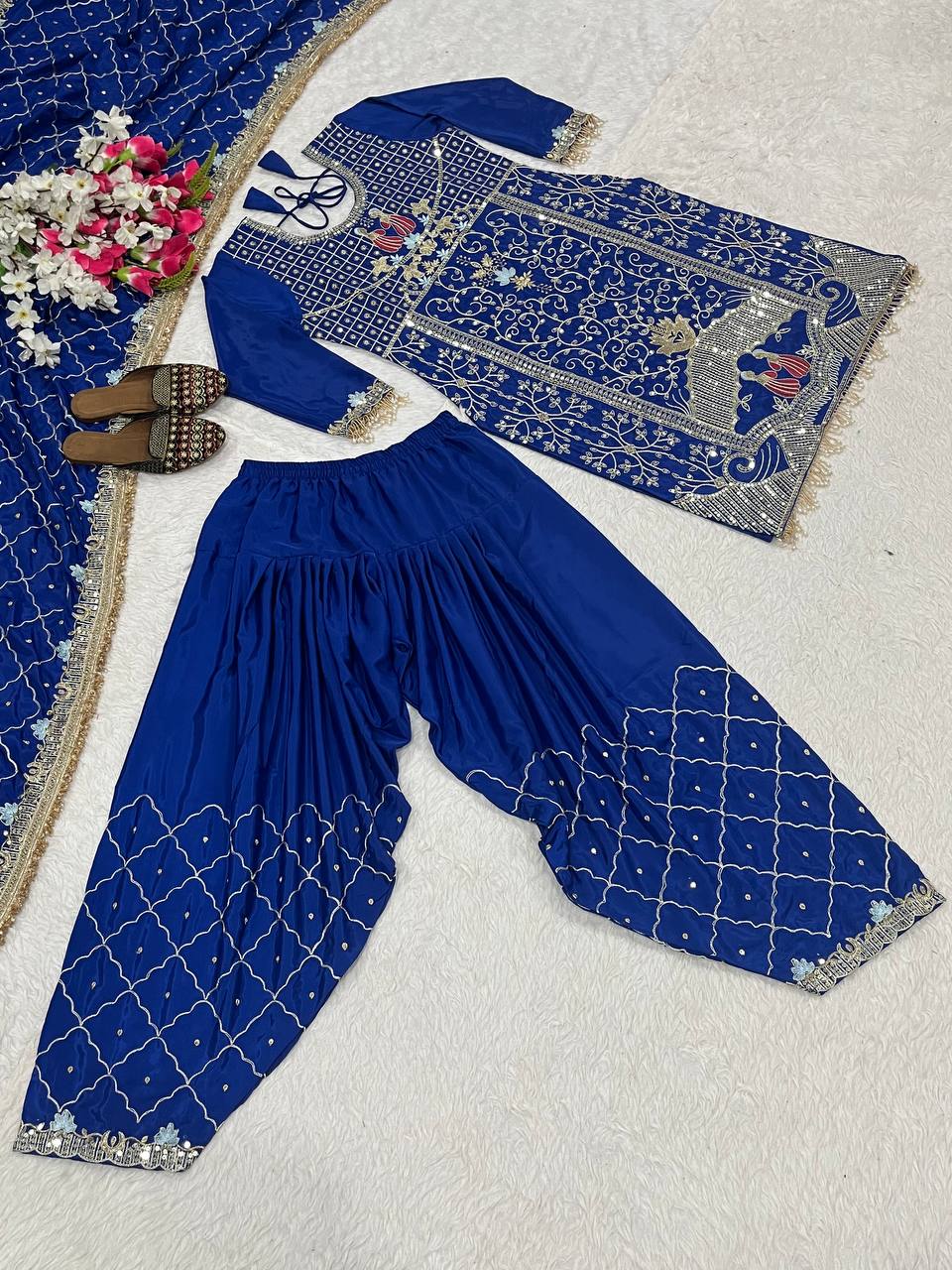 Women’s Natural Crepe Dhoti Salwar Set with Dupatta Sequence & Embroidery Work | Fully Stitched Top & Dhoti | Festive & Party Wear