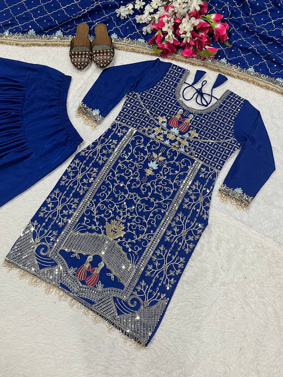 Women’s Natural Crepe Dhoti Salwar Set with Dupatta Sequence & Embroidery Work | Fully Stitched Top & Dhoti | Festive & Party Wear