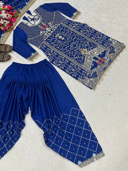 Women’s Natural Crepe Dhoti Salwar Set with Dupatta Sequence & Embroidery Work | Fully Stitched Top & Dhoti | Festive & Party Wear
