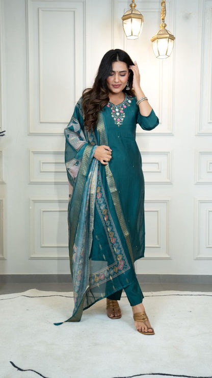 Designers Kurti Pent Dupatta Set, Premium Roman Silk, Dupatta Hevay Chanderi With Digital Print With Latkan and Kurta Embroidery MultI Work with Cotton Inner (Full)