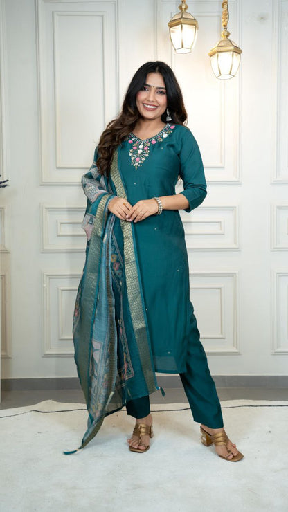 Designers Kurti Pent Dupatta Set, Premium Roman Silk, Dupatta Hevay Chanderi With Digital Print With Latkan and Kurta Embroidery MultI Work with Cotton Inner (Full)