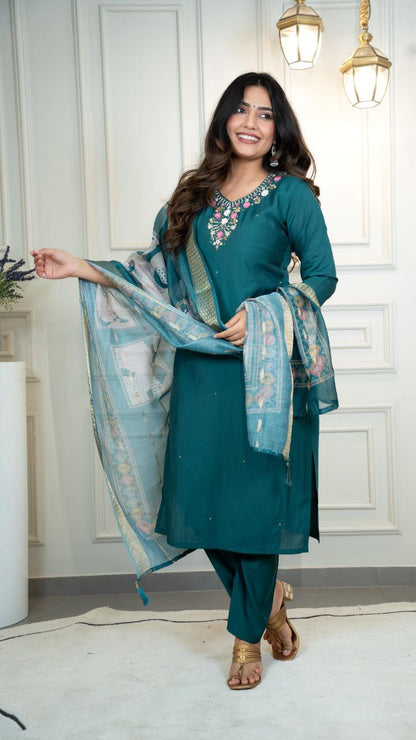 Designers Kurti Pent Dupatta Set, Premium Roman Silk, Dupatta Hevay Chanderi With Digital Print With Latkan and Kurta Embroidery MultI Work with Cotton Inner (Full)