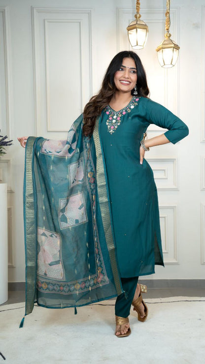 Designers Kurti Pent Dupatta Set, Premium Roman Silk, Dupatta Hevay Chanderi With Digital Print With Latkan and Kurta Embroidery MultI Work with Cotton Inner (Full)