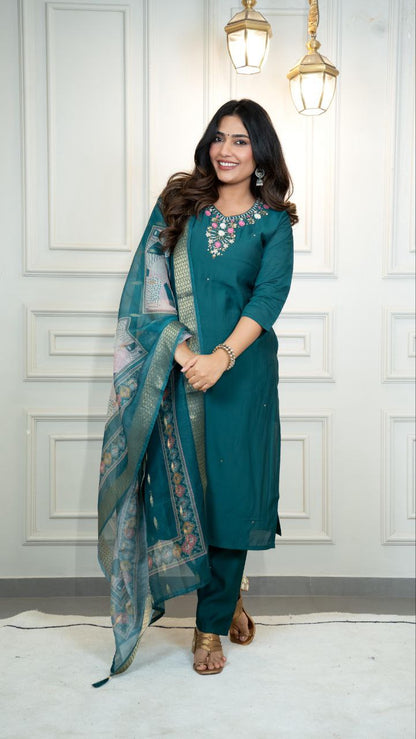 Designers Kurti Pent Dupatta Set, Premium Roman Silk, Dupatta Hevay Chanderi With Digital Print With Latkan and Kurta Embroidery MultI Work with Cotton Inner (Full)