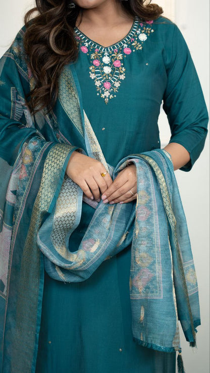 Designers Kurti Pent Dupatta Set, Premium Roman Silk, Dupatta Hevay Chanderi With Digital Print With Latkan and Kurta Embroidery MultI Work with Cotton Inner (Full)
