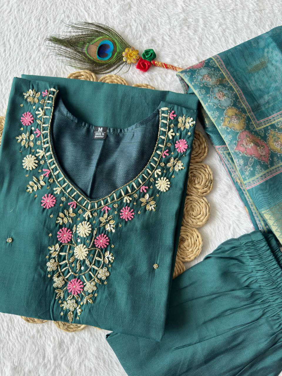 Designers Kurti Pent Dupatta Set, Premium Roman Silk, Dupatta Hevay Chanderi With Digital Print With Latkan and Kurta Embroidery MultI Work with Cotton Inner (Full)