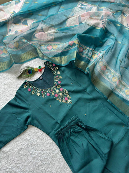 Designers Kurti Pent Dupatta Set, Premium Roman Silk, Dupatta Hevay Chanderi With Digital Print With Latkan and Kurta Embroidery MultI Work with Cotton Inner (Full)
