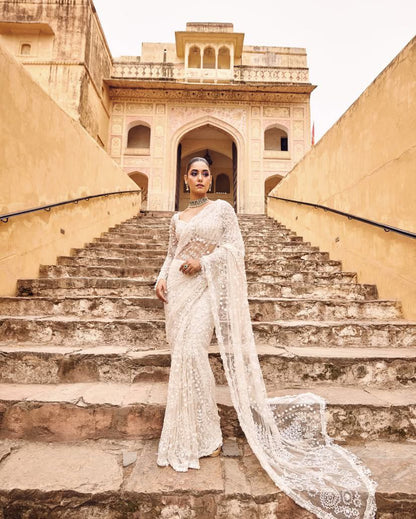 Premium Mono Net Saree with Heavy Multicolor Sequin Embroidery & Zalar Border